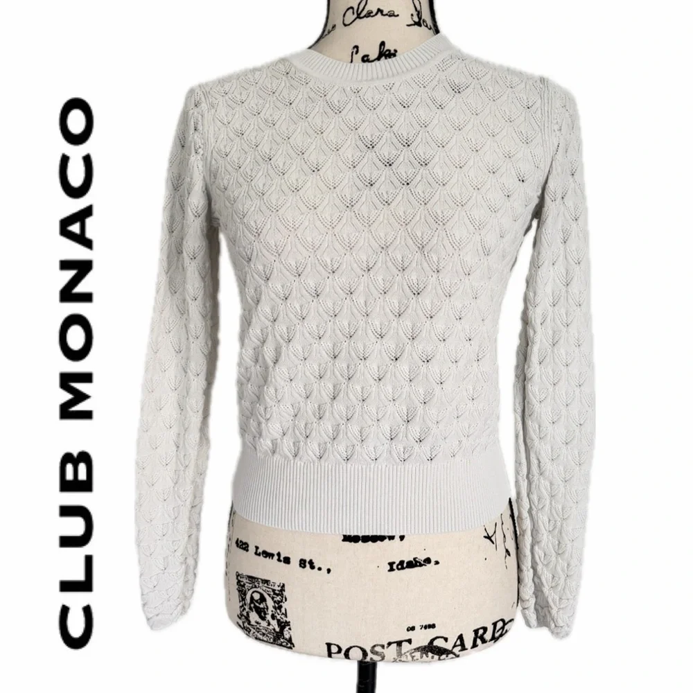 Club Monaco Sweater Pointelle Knit Sz S Ivory Ribbed Collar/Hem Quiet Luxurycore